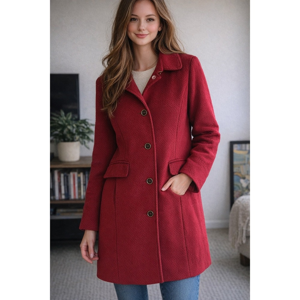 Tommy Hilfiger Wool Blend Coat Women XL‎ Red Button Front Mid Length Jacket
